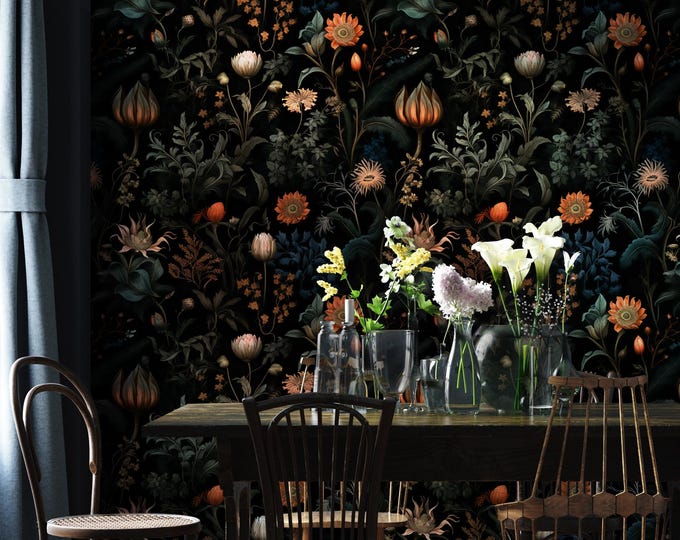 Featured listing image: Dark Botanical Wallpaper | Vintage Moody Floral Wall Mural | Removable Peel and Stick