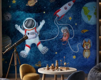 Astronaut Kindertapete | Schälen und Stick Planeten Wandbild | Kinderzimmer Dekor