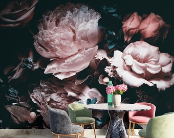 Large Dark Peony Floral Wallpaper | Peel and Stick | Dark Floral Wall Mural