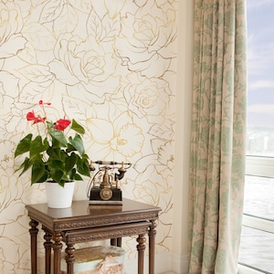 Floral Wallpaper Peel and Stick | Gold Look Floral Wall Mural | Hand Drawn Peony Flowers Wallpaper