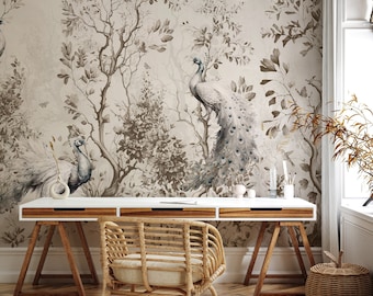 Peacock Chinoiserie Wallpaper | Vintage Floral and Bird Wall Mural | Peel and Stick