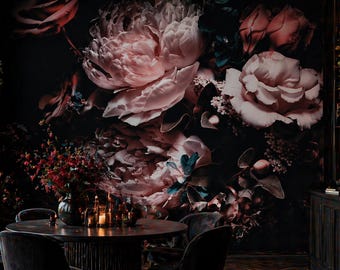 Dark Floral Wallpaper, Moody Peony Wall Mural, Botanical Wall Art | Peel and Stick