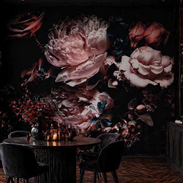 Papel pintado floral oscuro, mural de pared de peonías sombrías, arte mural botánico / autoadhesivo
