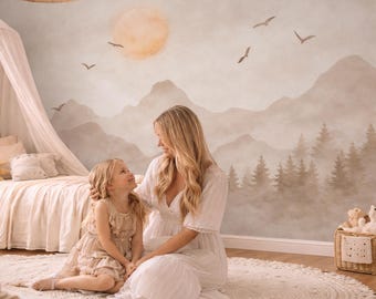 Boho kinderbehang | Neutrale kinderkamermuurschildering | Bergbehang Peel and Stick