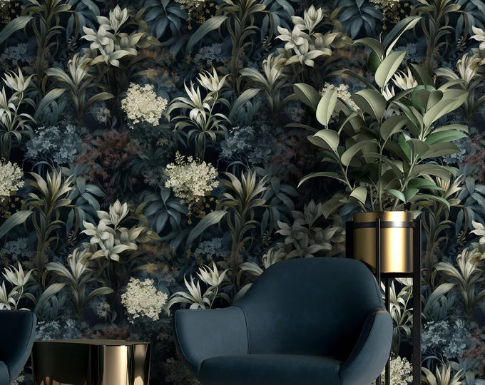Featured listing image: Midnight Garden Botanical Wallpaper | Dark Moody Flower Wall Mural | Removable Peel and Stick