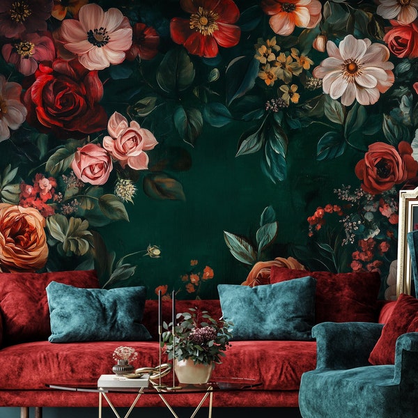 Vintage Dark Floral Peel and Stick Wallpaper | Dramic Flower Wall Mural | Moody Rose Wallpaper