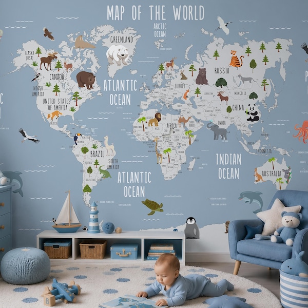 Kids Animal World Map Wallpaper | Peel and Stick Educational Map Wall Mural