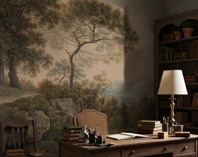 Featured listing image: Vintage Moody Landscape Wallpaper | Scenic Wall Mural | 18th Century Pastoral Scene Peel and Stick