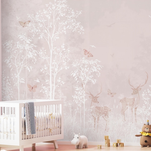 Pastel Kids Forest Wallpaper | Soft Pink Nursery Wall Mural | Removable Peel and Stick