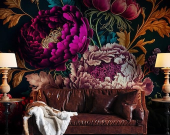 Übergroße Stimmungsvolle Dunkle Blumentapete | Vintage Botanisches Wandbild | Abnehmbares Peel and Stick