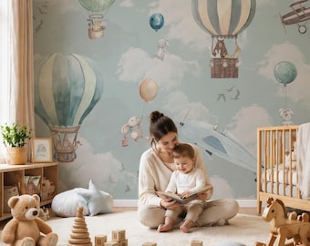 Kindertapete schälen und aufkleben | Kinder Tiere mit Heißluftballon Wandbild
