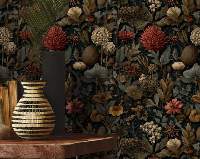 Featured listing image: Botanical Wallpaper | Dark Vintage Moody Floral Wall Mural | Removable Peel and Stick