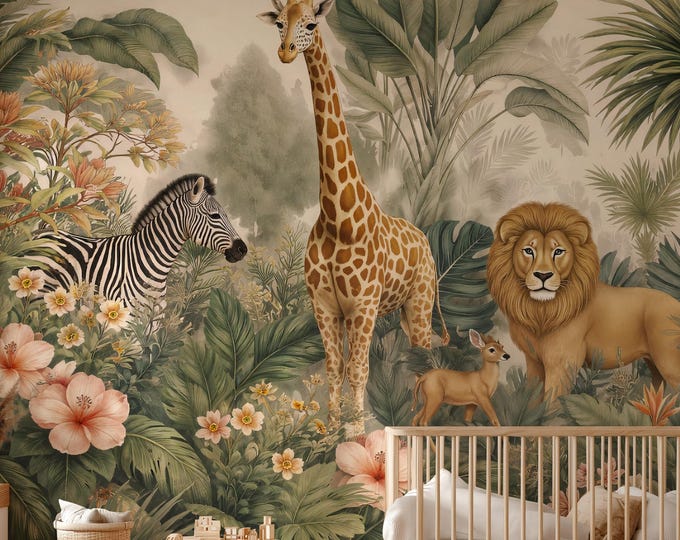Featured listing image: Safari Jungle Animals Nursery Wallpaper | Kids Tropical Peel and Stick Wall Mural