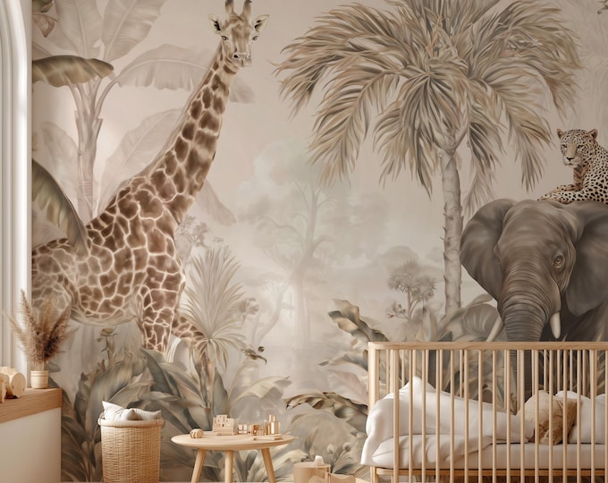 Featured listing image: Neutral Jungle Animals Wallpaper, Safari Nursery Wall Mural, Giraffe Elephant Baby Room Decor