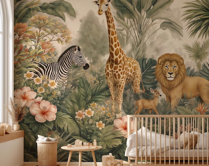 Featured listing image: Safari Jungle Animals Nursery Wallpaper | Kids Tropical Peel and Stick Wall Mural
