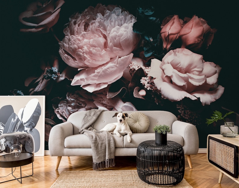 Large Dark Peony Floral Wallpaper Peel and Stick Dark Floral Wall Mural image 4