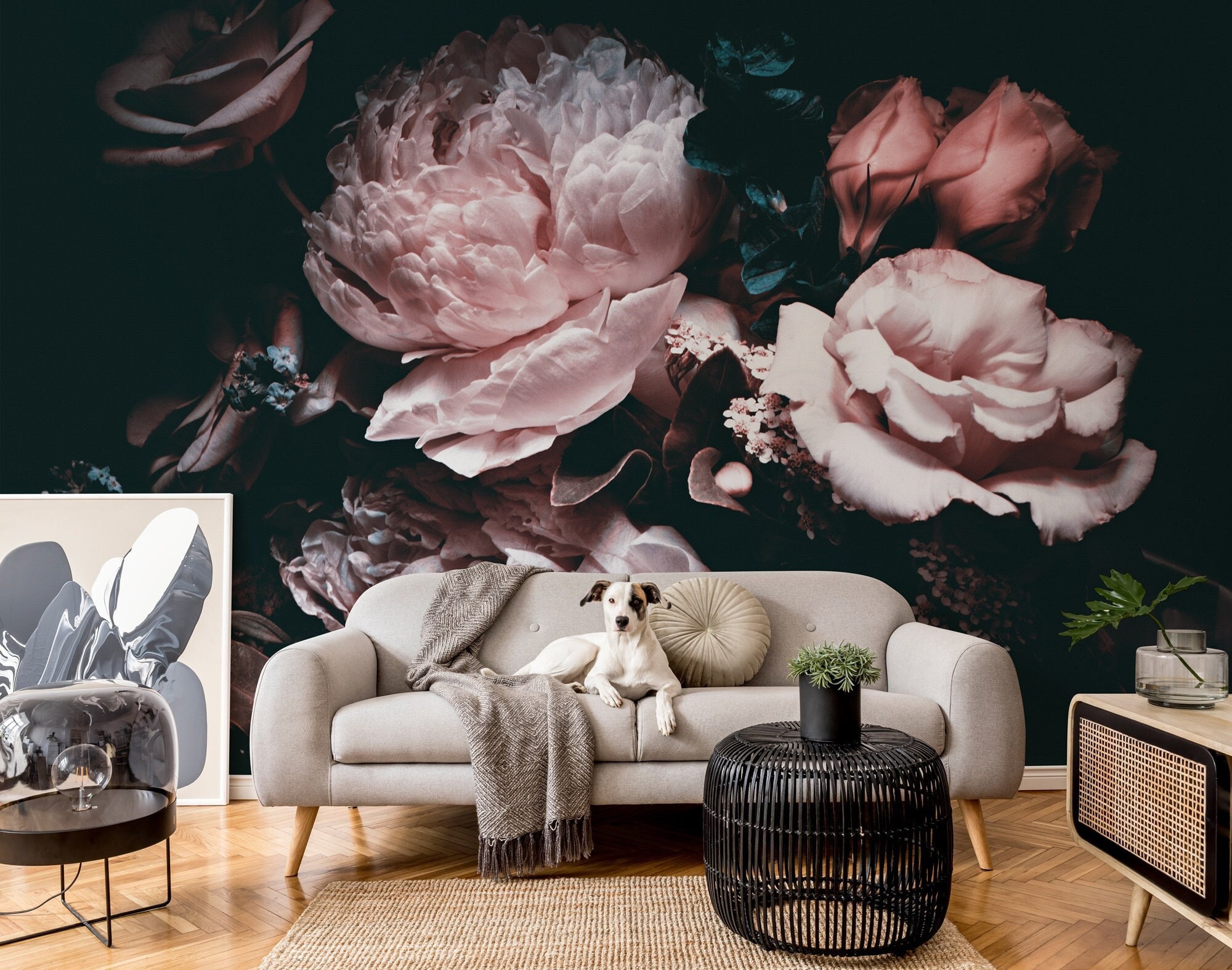 Large Dark Peony Floral Wallpaper Peel and Stick Dark 