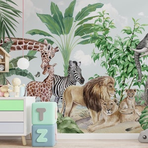 Kids Wallpaper Peel and Stick | Kids Safari Jungle Animals Wall Mural | Safari Wallpaper