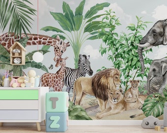 Kids Wallpaper Peel and Stick | Kids Safari Jungle Animals Wall Mural | Safari Wallpaper