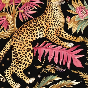 May include: A fabric pattern featuring a spotted leopard in a leaping pose surrounded by vibrant pink flowers, green palm leaves, and gold accents on a solid black background. The design includes detailed botanical elements and foliage.