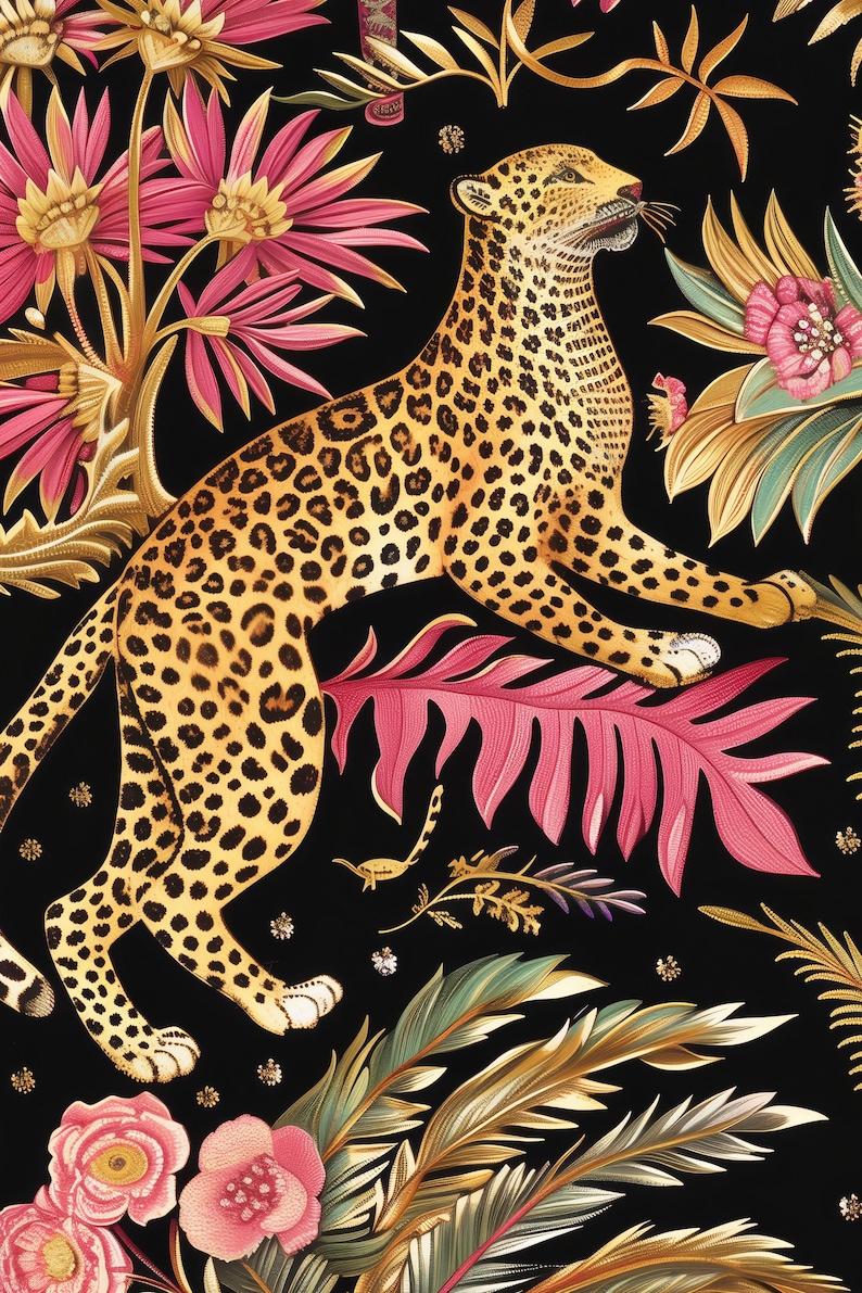 May include: A fabric pattern featuring a spotted leopard in a leaping pose surrounded by vibrant pink flowers, green palm leaves, and gold accents on a solid black background. The design includes detailed botanical elements and foliage.