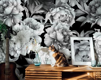 Papel pintado de peonías en blanco y negro / Mural de pared floral oscuro / Fácil de despegar y pegar