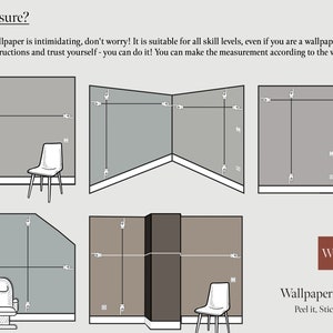 May include: An instructional graphic titled How to Measure? showing six diagrams of walls with horizontal and vertical lines indicated by pointing finger icons to demonstrate how to measure different wall configurations for wallpaper application.