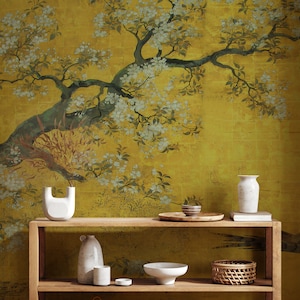 Vintage Chinoiserie Wallpaper Schälen und Stick, Asiatische Baum Tapete, Baum und Blumen Tapete, Tapete im asiatischen Stil, Abnehmbare Tapete