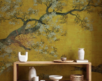 Vintage Chinoiserie Wallpaper Peel and Stick, Asian Tree Wallpaper, Tree and Flowers Wallpaper, Asian Style Wallpaper, Removable Wallpaper