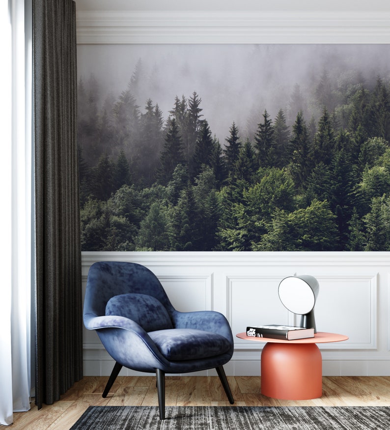 Forest Wallpaper Nature Wall Mural Peel and Stick Self Adhesive Foggy Forest Mural Living Room image 6