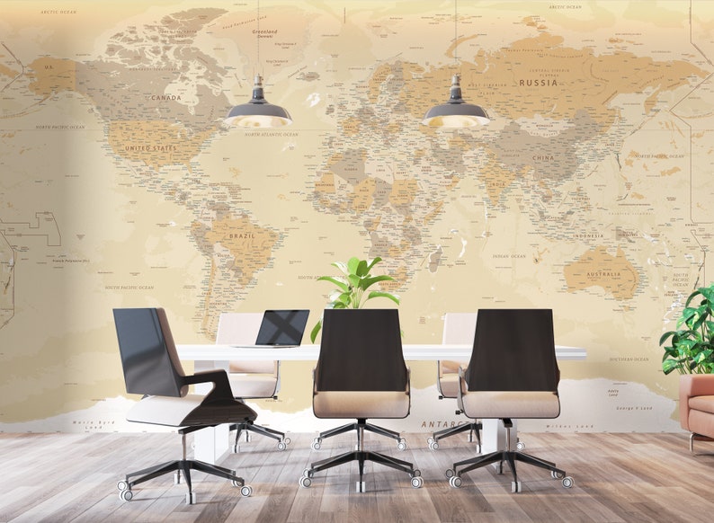 World Map Wallpaper Peel and Stick Soft Political Map Wall Etsy