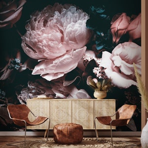 Large Dark Peony Floral Wallpaper Peel and Stick Dark Floral Wall Mural image 5