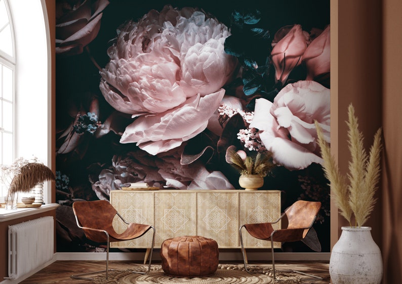 Large Dark Peony Floral Wallpaper Peel and Stick Dark Floral Wall Mural image 5