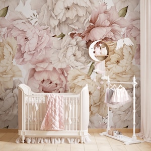 Floral Wallpaper | Pastel Peony Floral Wall Mural | Peony Blossom Wallpaper Peel and stick