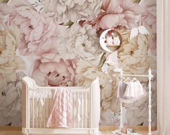 Floral Wallpaper | Pastel Peony Floral Wall Mural | Peony Blossom Wallpaper Peel and stick