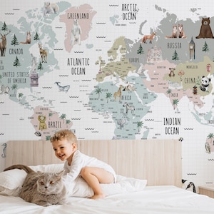 Kids Map Wallpaper World Famous Icons  Animals Wall Mural Self Adhesive Removable Nursery Kids Room