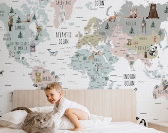 Kids Map Wallpaper World Famous Icons  Animals Wall Mural Self Adhesive Removable Nursery Kids Room