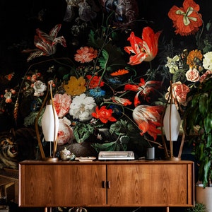 Dutch Floral Wallpaper Peel and Stick | Dark Floral Wall Mural