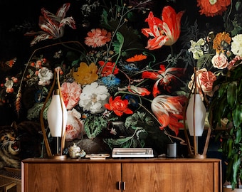 Dark Floral Peel and Stick Wallpaper | Vintage Dutch Flowers Wall Mural, Removable Wallpaper