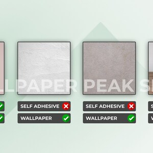 May include: Four square panels labeled WALLPAPER PEAK SHOP. The first is a solid light pink, the second a textured white, the third a textured gray, and the fourth a glass railing on stairs. Each has checkmarks for self-adhesive and wallpaper.
