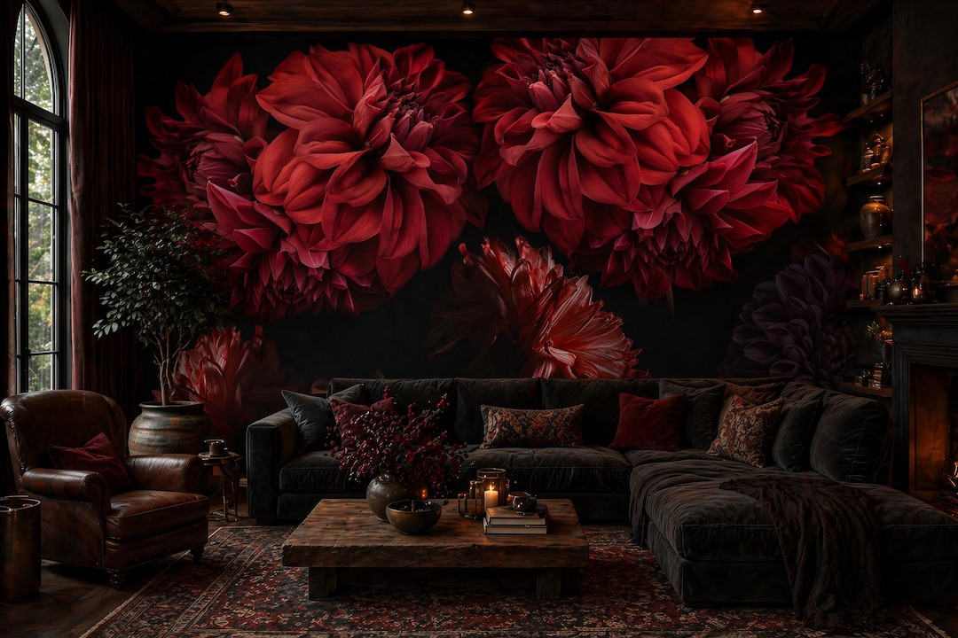 Dramatic Red Floral Wallpaper | Dark Flowers Wall Mural | Removable ...