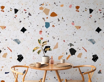 Terrazzo Pattern with Colorful Stone Wallpaper, Modern Look Wall Mural, Concrete Rock Wallpaper, Self Adhesive