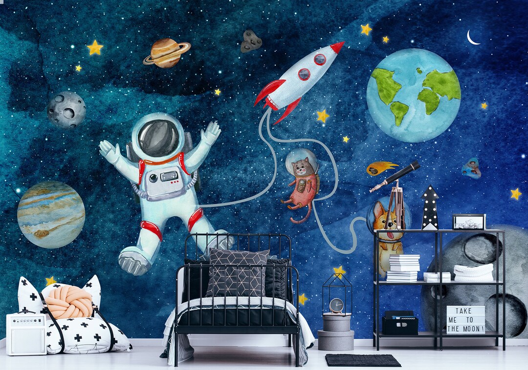 Astronaut Kids Wallpaper | Peel and Stick Planets Wall Mural | Nursery ...