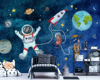 Kids Planets with Astronaut Wallpaper | Peel and Stick | Kids Space Wall Mural