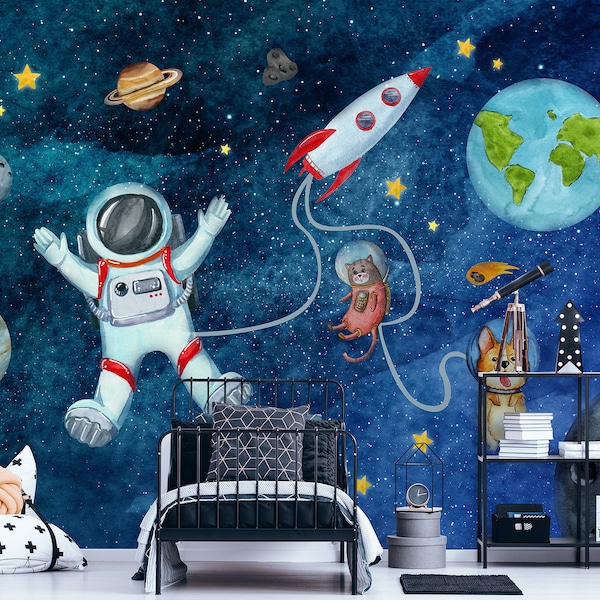 Kids Planets with Astronaut Wallpaper | Peel and Stick | Kids Space Wall Mural