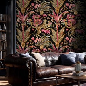 May include: Wallpaper featuring a repeating pattern of leopards, palm trees, and pink flowers on a black background. The design includes golden-spotted leopards positioned among tropical foliage, vibrant pink fronds, and detailed botanical elements.