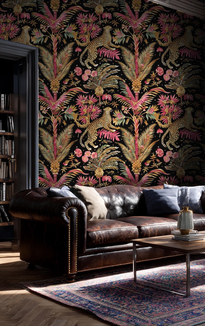 May include: Wallpaper featuring a repeating pattern of leopards, palm trees, and pink flowers on a black background. The design includes golden-spotted leopards positioned among tropical foliage, vibrant pink fronds, and detailed botanical elements.