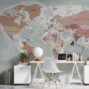 World Map Wallpaper Peel and Stick | Gray Political Map Wall Mural