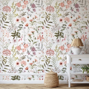 Watercolor Wild Floral Wallpaper Soft Botanical Floral Wall Mural Little Floral with Grass Wallpaper Field Flowers Wall Mural image 7