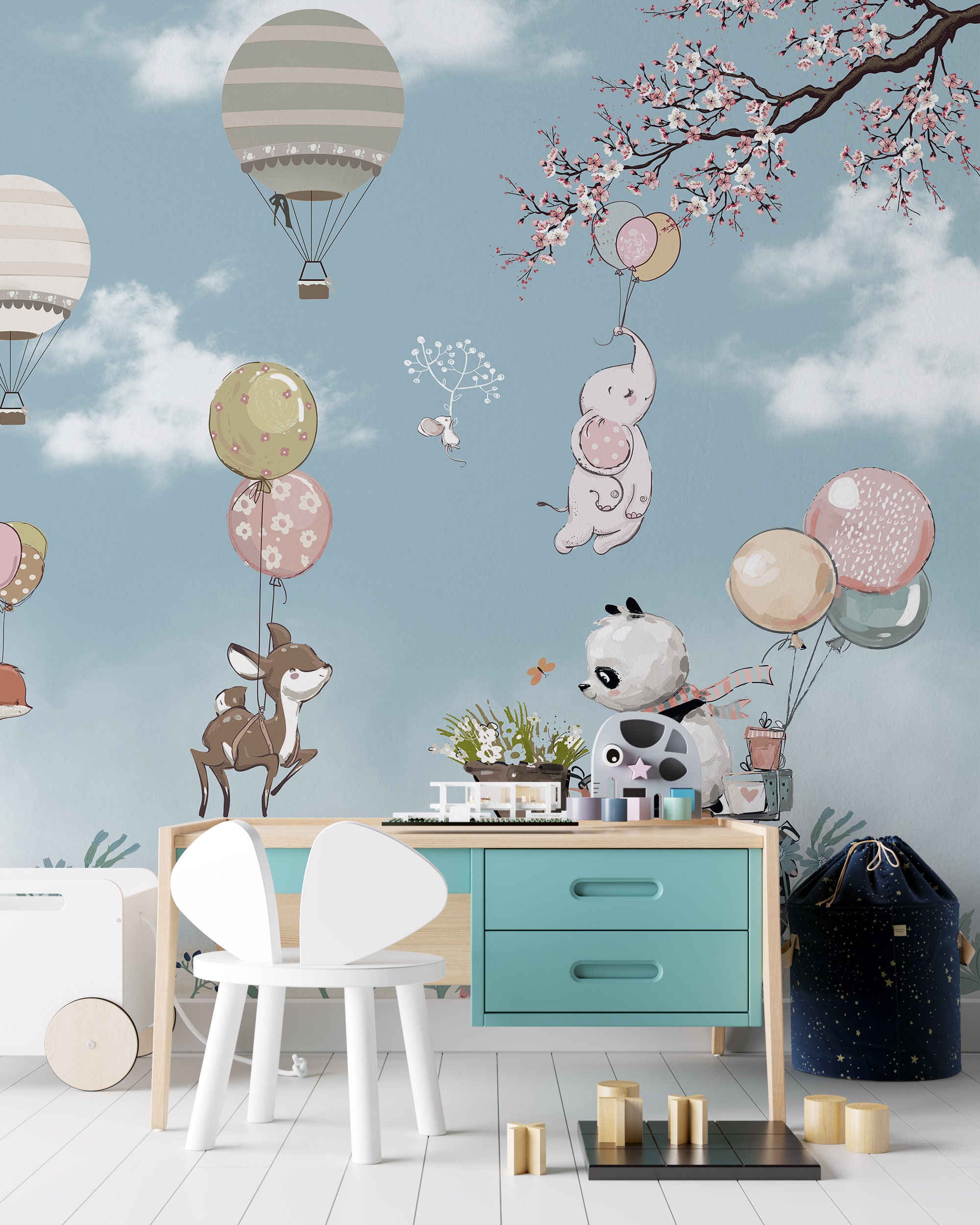 Flying Cute Animals Kids Wallpaper Hot Air Balloon Peel | Etsy